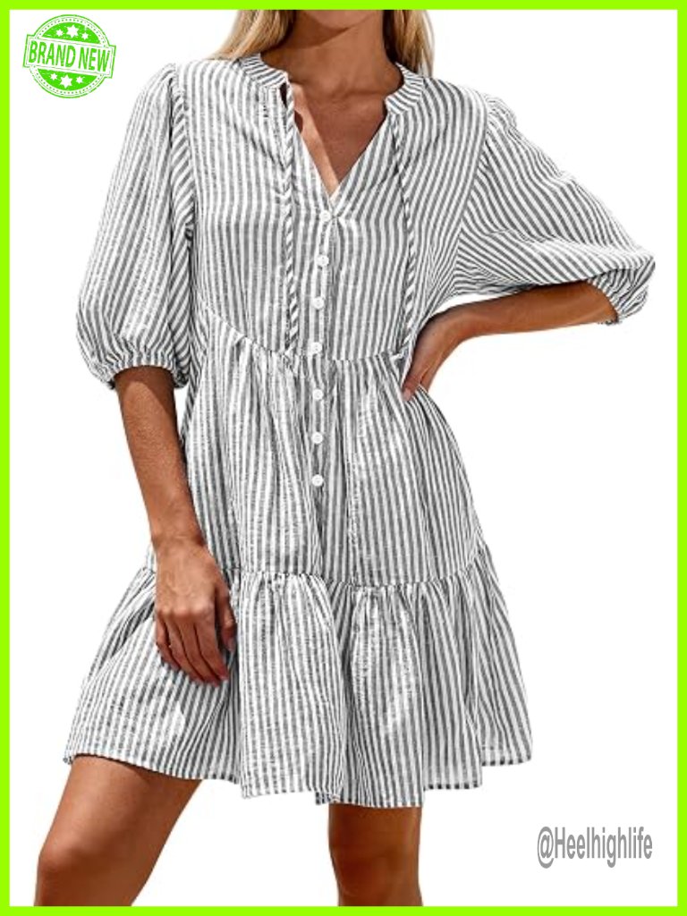 Striped Mini Dress Short Sleeve Button Down Casual Flowy Beach Vacation Outfits